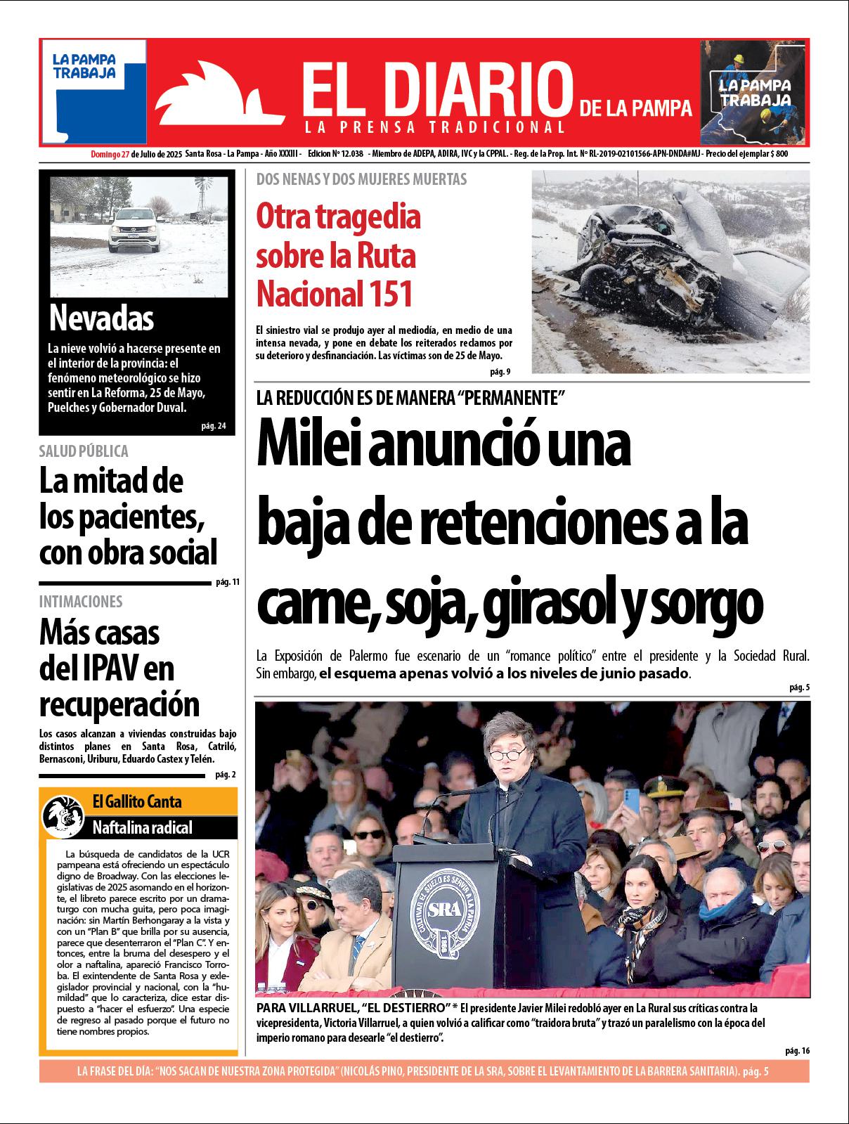Tapa de El Diario en papel  domingo 27 de julio de 2025